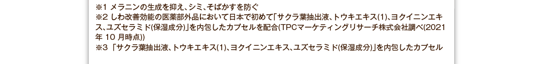 ※1：メラニンの生成を抑え、シミ、そばかすを防ぐ　※2：シワ改善効能の医薬部外品において日本で初めて「サクラ葉抽出液、トウキエキス（１）、ヨクイニンエキス、ユズセラミド（保湿成分）」を内包したカプセルを配合（TPCマーケティング株式会社調べ（2021年10月時点））　※3：「サクラ葉抽出液、トウキエキス（１）、ヨクイニンエキス、ユズセラミド（保湿成分）」を内包したカプセル　※4：ご年齢は取材時のものです。
