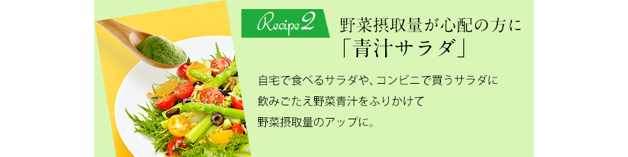 Recipe2 野菜摂取量が心配の方に「青汁サラダ」自宅で食べるサラダや、コンビニで買うサラダに飲みごたえ野菜青汁をふりかけて野菜摂取量のアップに。