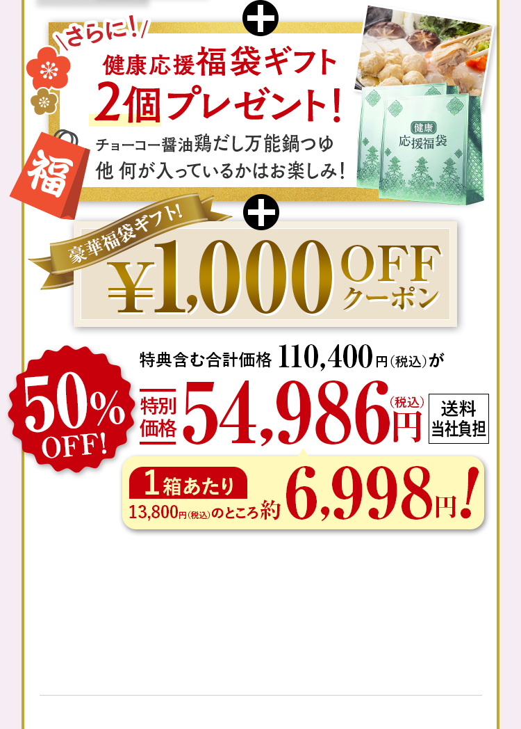 +さらに!健康応援福袋ギフト2個プレゼント！チョーコー醤油鶏だし万能鍋つゆ他 何が入っているかはお楽しみ！+豪華福袋ギフト！¥1,000OFFクーポン 特典含む合計価格110,400円（税込）が50%OFF特別
                            価格54,986円（税込） 送料当社負担 1箱あたり 13,800円（税込）のところ約6,998円!