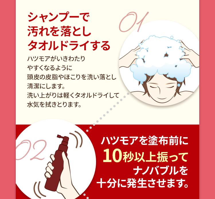 シャンプーで汚れを落としタオルドライする　ハツモアを塗布前に10秒以上振ってナノバブルを十分に発生させます。