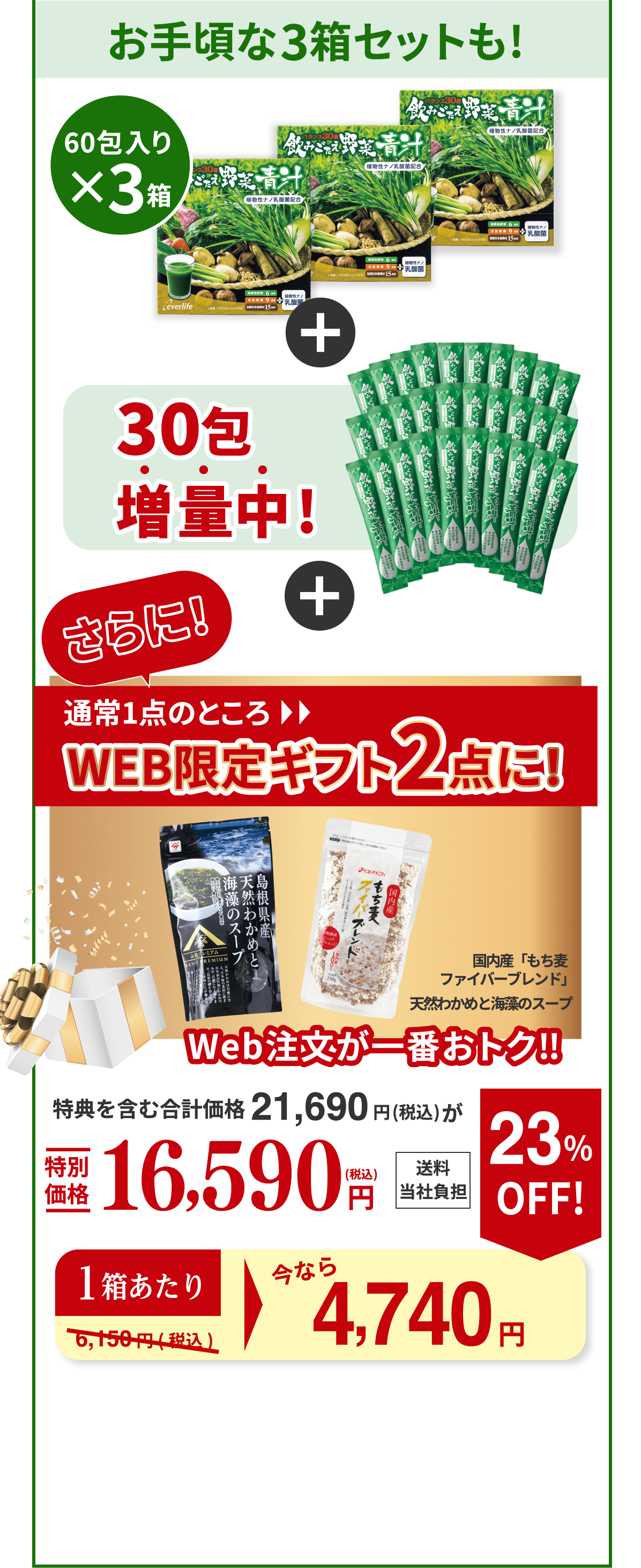 お手頃な3箱セットも 60包入り ×3箱 30包 増量中！ 通常1点のところWEB限定ギフト2点に！（国内産「もち麦ファイバーブレンド」、天然わかめと海藻のスープ） Web注文が一番おトク‼︎ 特典を含む合計価格21,690円（税込）が特別価格16,590円（税込）送料当社負担 1箱あたり今なら約 4,740円 23％OFF！（通常6,150円（税込））