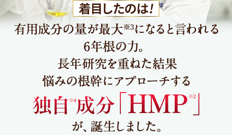 着目したのは！　有用成分の量が最大になると言われる6年根の力。長年研究を重ねた結果　悩みの根幹にアプローチする独自成分「HMP」が誕生しました。