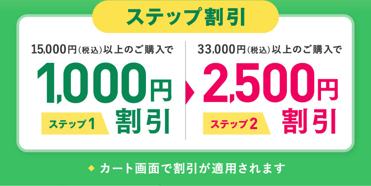 ステップ割引 ステップ1 15,000円(税込)以上のご購入で1,000円割引 ステップ2 33,000円(税込)以上のご購入で2,500円割引