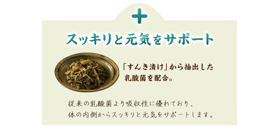 ＋スッキリと元気をサポート「すんき漬け」から抽出した乳酸菌を配合。従来の乳酸菌より吸収性に優れており、体の内側からスッキリと元気をサポートします。