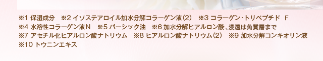 ※1：保湿成分　※2：イソステアロイル加水分解コラーゲン液（２）　※3：コラーゲントリペプチドF　※4：水溶性コラーゲン液Ｎ　※5：バーシック油　※6：加水分解ヒアルロン酸　※7：アセチル化ヒアルロン酸ナトリウム　※8：ヒアルロン酸ナトリウム（２）　※9：加水分解コンキオリン液　※10　トウニンエキス