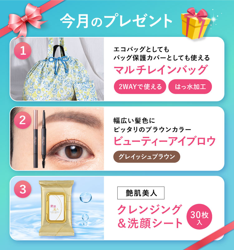 今月のプレゼント マルチレインバッグ ビューティーアイブロウ クレンジング＆洗顔シート30枚入りプレゼント!
