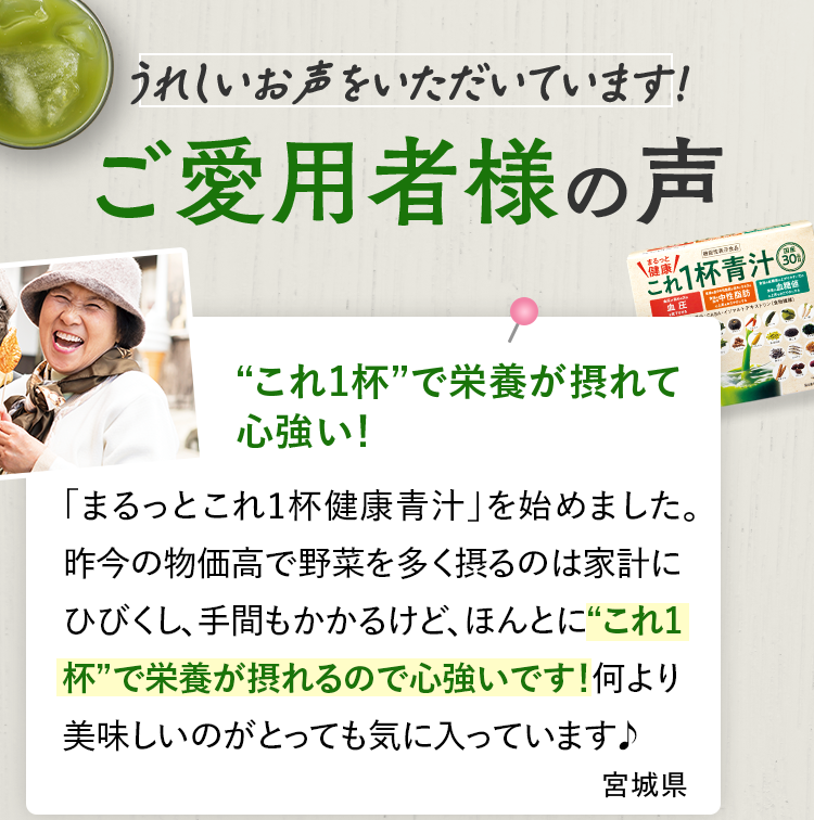 うれしいお声をいただいています！ ご愛用者様の声 “これ1杯”で栄養が摂れて心強い！「まるっとこれ1杯健康青汁」を始めました。昨今の物価高で野菜を多く摂るのは家計にひびくし、手間もかかるけど、ほんとに“これ1杯”で栄養が摂れるので心強いです！何より美味しいのがとっても気に入っています 宮城県