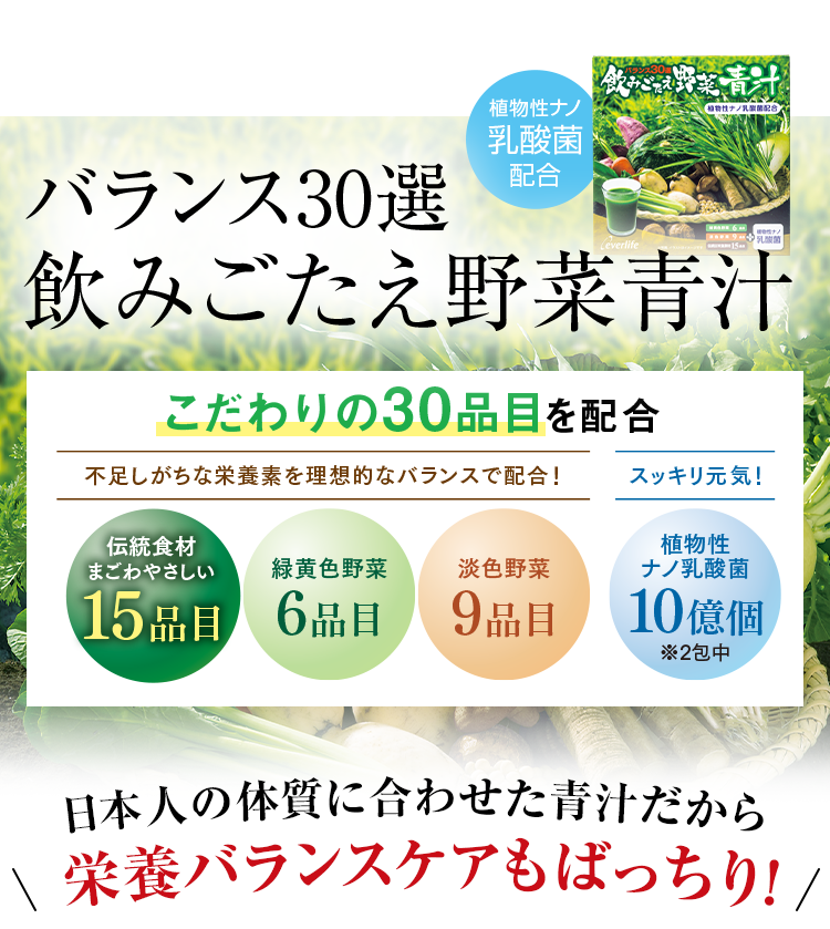 植物性ナノ乳酸菌配合 バランス30選飲みごたえ野菜青汁 こだわりの30品目を配合 不足しがちな栄養素を理想的なバランスで配合! 伝統食材まごわやさしい15品目 緑黄色野菜6品目 淡色野菜9品目 スッキリ元気! 植物性ナノ乳酸菌10億個 ※2包中 日本人の体質に合わせた青汁だから \ 栄養バランスケアもばっちり! 