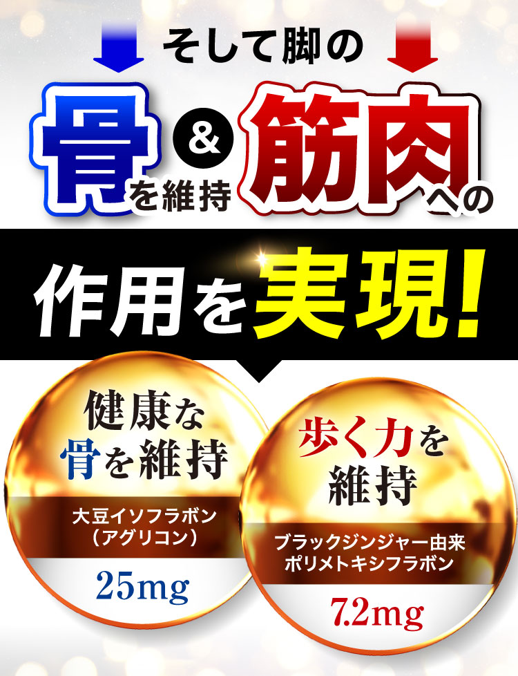 そして脚の骨を維持＆筋肉への作用を実現!「健康な骨を維持 大豆イソフラボン（アグリコン）25mg」「歩く力を維持 ブラックジンジャー由来ポリメトキシフラボン 7.2mg」