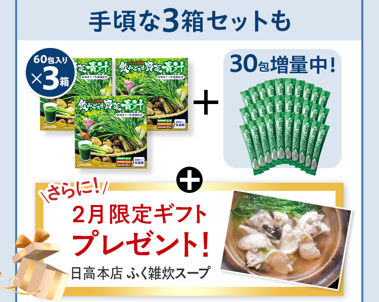 手頃な3箱セットも 60包入りx3箱+30包増量中！+さらに2月限定ギフトプレゼント！ 日高本店 ふく雑炊スープ