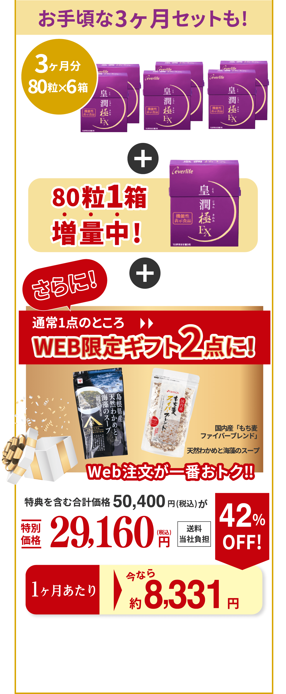 お手頃な3ヵ月セットも！ 3か月分 80粒入り×6箱 80粒1箱増量中！ 通常1点のところWEB限定ギフト2点に！（国内産「もち麦ファイバーブレンド」、天然わかめと海藻のスープ） Web注文が一番おトク‼︎ 特典を含む合計価格50,400円（税込）が特別価格29,160円（税込） 送料当社負担 1ヵ月あたり今なら 約8,331円 42％OFF！（通常9,000円（税込））