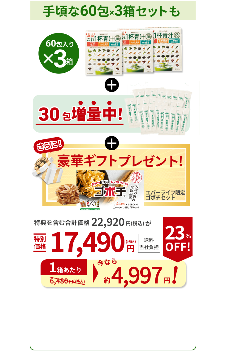 手頃な60包×3箱セットも 60包入り×3箱 30包増量中！ さらに！ ギフト1個プレゼント！ エバーライフ限定 ゴボチセット 特典を含む合計価格 22,920円（税込）が特別価格17,490円（税込） 送料当社負担 1箱あたり今なら 約4,997円！ 23％OFF！（通常6,480円（税込））