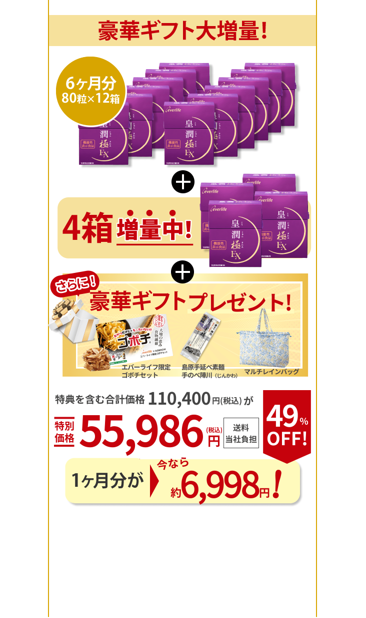1番お得な12箱セット！ 80粒入り×12箱 もう4箱増量中！ さらに！ギフト3個プレゼント！エバーライフ限定 ゴボチセット 島原手延べ素麺手のべ陣川（じんかわ） マルチレインバッグ 特典を含む合計価格110,400円（税込）が特別価格55,986円（税込）送料当社負担 1箱あたり今なら 約6,998円！ 49％OFF！（通常9,000円（税込））