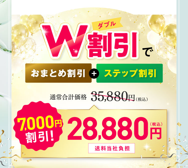 W割引でおまとめ割引＋ステップ割引 通常合計価格35,880円(税込)から7,000円割引！28,880円(税込)送料当社負担