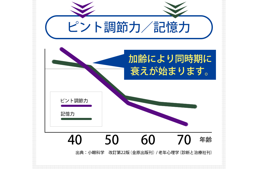 【グラフ：ピント調節力/記憶力】加齢により同時期に衰えが始まります。