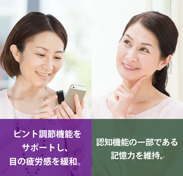 [ピント調節機能をサポートし、目の疲労感を緩和。][脳の血流を改善し、記憶力を維持。]