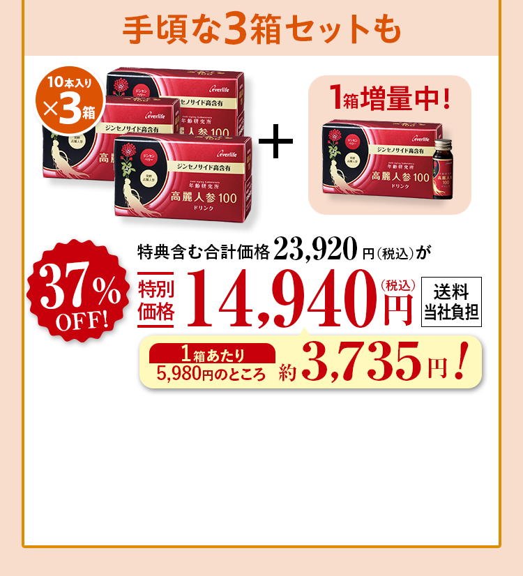 手頃な3箱セットも 10本入り×3箱+1箱増量中！ 特典含む合計価格23,920円（税込）が37%OFF特別価格14,940円（税込） 送料当社負担 1箱あたり 5,980円のところ約3,735円!