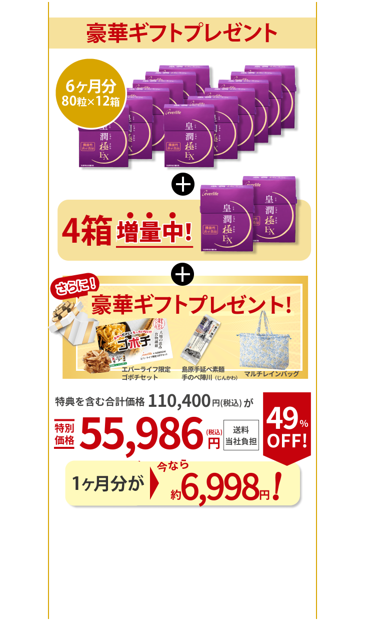 1番お得な12箱セット！ 80粒入り×12箱 もう4箱増量中！ さらに！ギフト3個プレゼント！エバーライフ限定 ゴボチセット 島原手延べ素麺手のべ陣川（じんかわ） マルチレインバッグ 特典を含む合計価格110,400円（税込）が特別価格55,986円（税込）送料当社負担 1箱あたり今なら 約6,998円！ 49％OFF！（通常9,000円（税込））