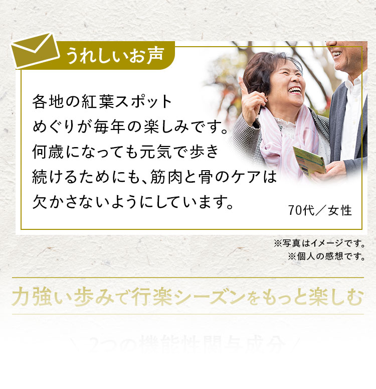 うれしいお声各地の紅葉スポットめぐりが毎年の楽しみです。何歳になっても元気で歩き続けるためにも、筋肉と骨のケアは欠かさないようにしています。70代／女性