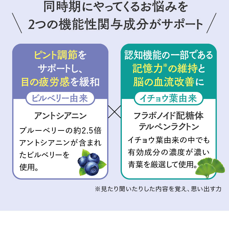 同時期にやってくるお悩みを2つの機能性関与成分がサポート ピント調節をサポートし、目の疲労感を緩和 認知機能の一部である記憶力※の維持と脳の血流改善に