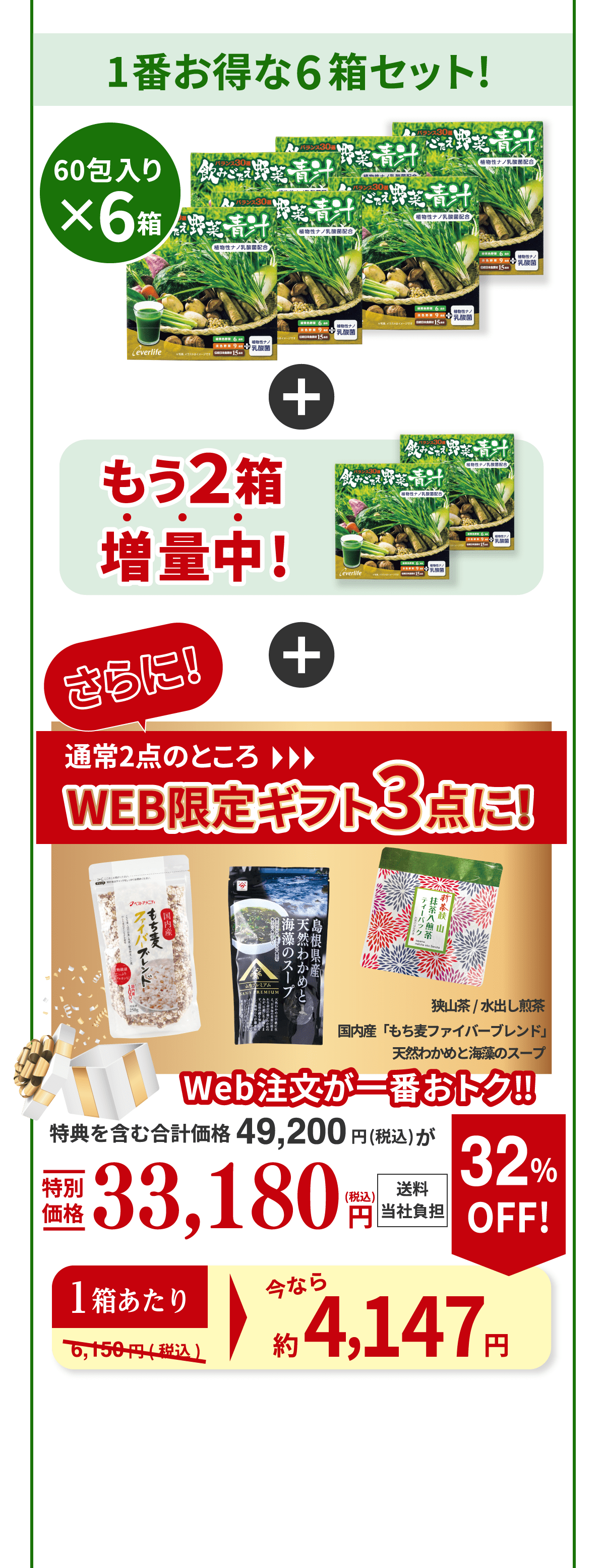 1番お得な6箱セット! 60包入り×6箱 もう2箱増量中！ さらに！通常2点のところWEB限定ギフト3点に！（狭山茶/水出し煎茶、国内産「もち麦ファイバーブレンド」、天然わかめと海藻のスープ） Web注文が一番おトク‼︎  特典を含む合計価格49,200円(税込)が特別価格33,180円(税込) 送料当社負担 1箱あたり今なら約4,147円 32%OFF!（通常6,150円（税込））