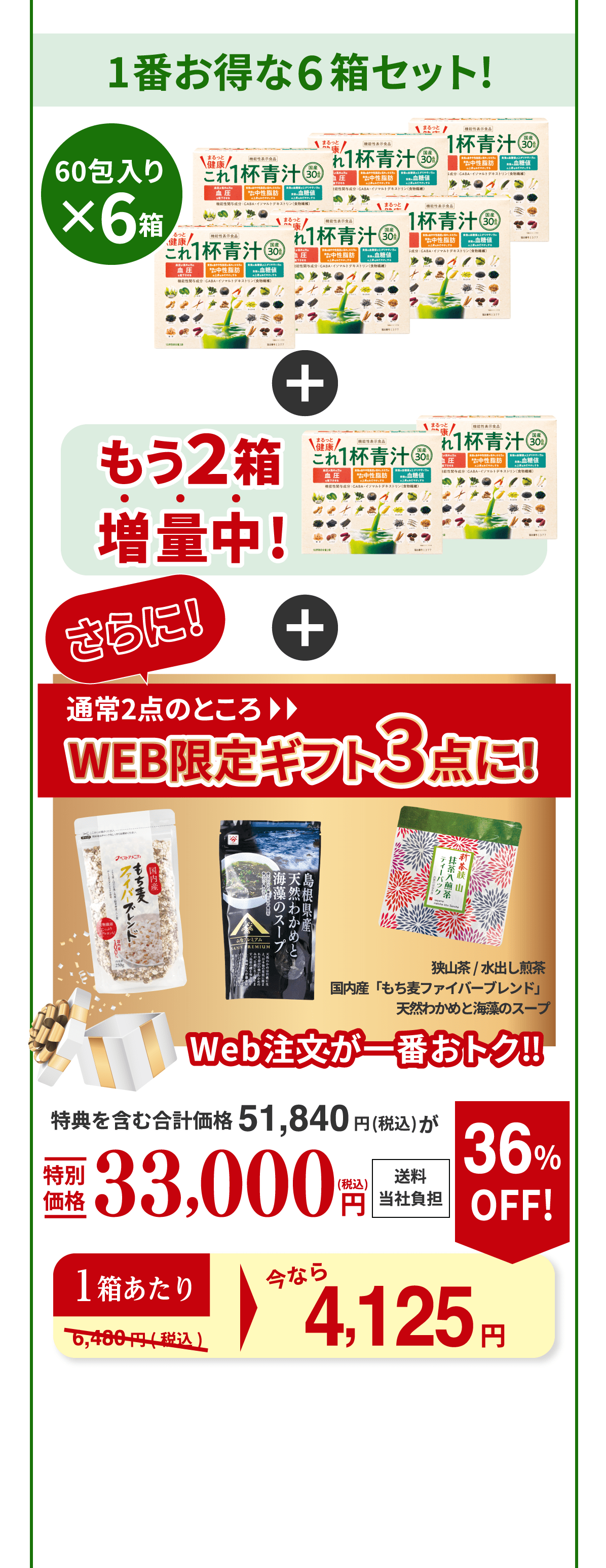 1番お得な6箱セット！ 60包入り×6箱 もう２箱増量中！ さらに！通常2点のところWEB限定ギフト3点に！（狭山茶/水出し煎茶、国内産「もち麦ファイバーブレンド」、天然わかめと海藻のスープ） Web注文が一番おトク‼︎ 特典を含む合計価格51,840円（税込）が特別価格33,000円（税込） 送料当社負担 1箱あたり今なら 約4,125円 36％OFF！（通常6,480円（税込））