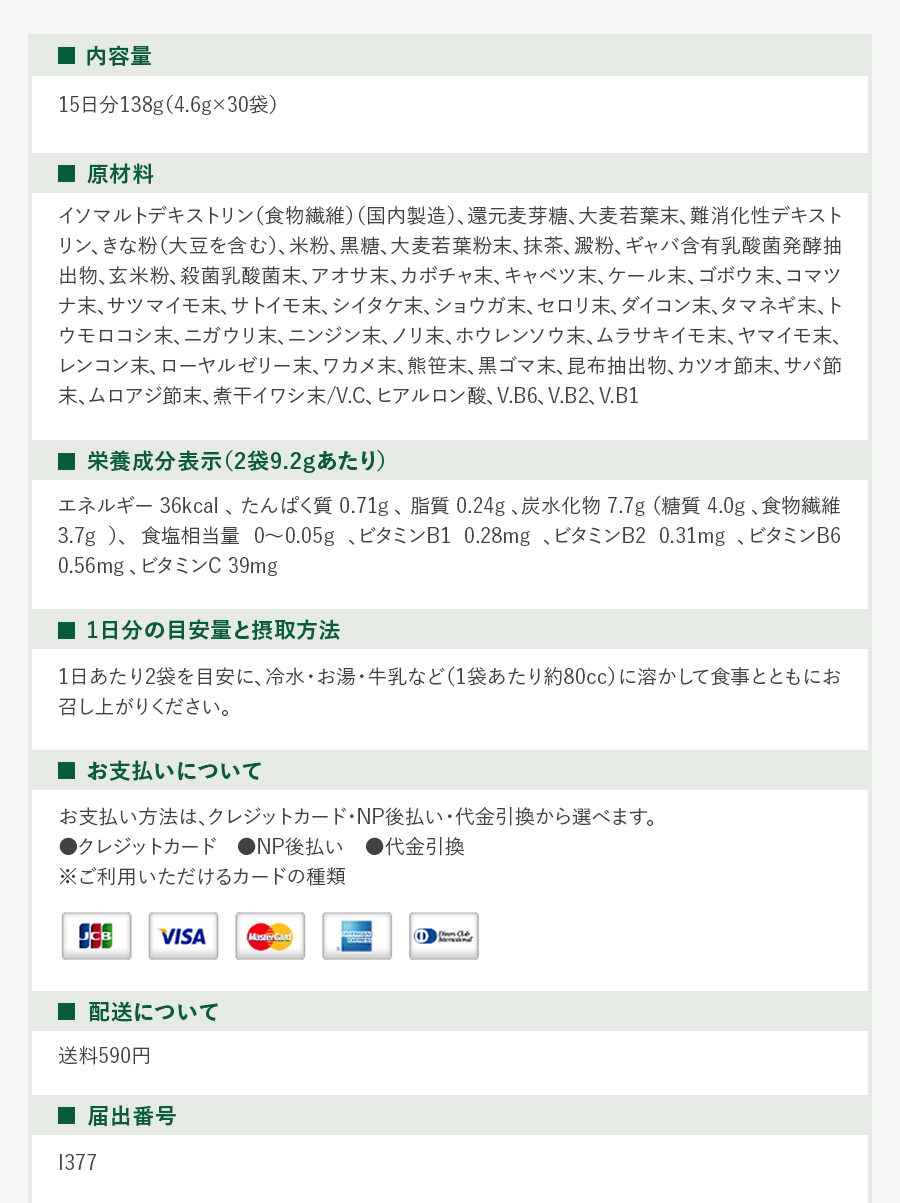・内容量15日分138g(4.6g 30袋)・原材料イソマルトデキストリン(食物繊維)(国内製造)、還元麦芽糖、大麦若葉末、難消化性デキストリン、きな粉(大豆を含む)、米粉、黒糖、大麦若葉粉末、抹茶、澱粉、ギャパ含有乳酸菌発酵抽出物、玄米粉、殺菌乳酸菌末、アオサ末、カボチャ末、キャベッ末、ケール末、ゴボウ末、コマッナ末、サツマイモ末、サトイモ末、シイタケ末、ショウガ末、セロリ末、ダイコン末、タマネギ末、トウモロコシ末、ニガウリ末、ニンジン末、ノリ末、ホウレンソウ末、ムラサキイモ末、ヤマイモ末、レンコン末、ローヤルゼリー末、ワカメ末、熊笹末、黒ゴマ末、昆布抽出物、カツオ節末、サバ節末、ムロアジ節末、煮干イワシ末/V℃、ヒアルロン酸、V.B6、V.B2、V.B1・栄養成分表示(2袋9.2gあたり)エネルギー36kcal、たんばく質0.71g、脂質0.24g、炭水化物7.7g(糖質4.0g、食物繊維3.7g)、食塩相当量0から0.05g、ビタミンB10.28mg、ビタミンB20.31mg、ビタミンB60.56mg、ビタミンC39mg・1日分の目安量と摂取方法1日あたり2袋を目安に、冷水・お湯・牛乳など(1袋あたり約80cc)に溶かして食事とともにお召し上がりください。・お支払いについてお支払い方法は、クレジットカード・NP後払い・代金引換から選べます。・クレジットカード・NP後払い・代金引換※ご利用いただけるカードの種類 JCB VISA MASTERCARD AmericanExpress DinersClub・配送について送料590円・届出番号1377