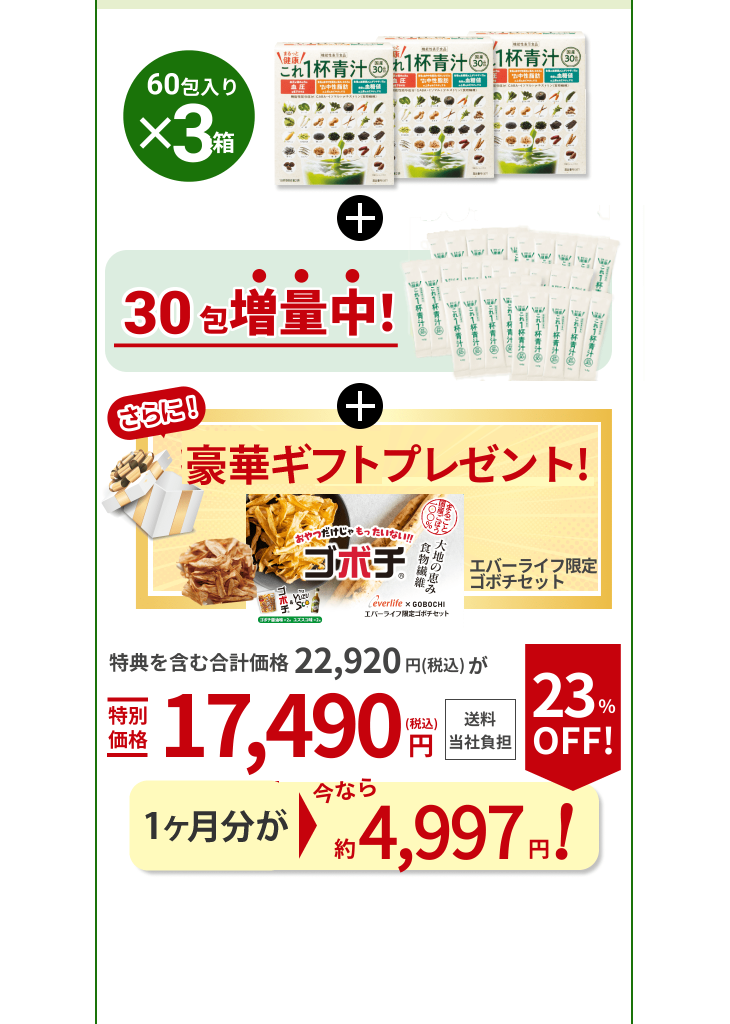 手頃な60包×3箱セットも 60包入り×3箱 30包増量中！ さらに！ ギフト1個プレゼント！ エバーライフ限定 ゴボチセット 特典を含む合計価格 22,920円（税込）が特別価格17,490円（税込） 送料当社負担 1箱あたり今なら 約4,997円！ 23％OFF！（通常6,480円（税込））