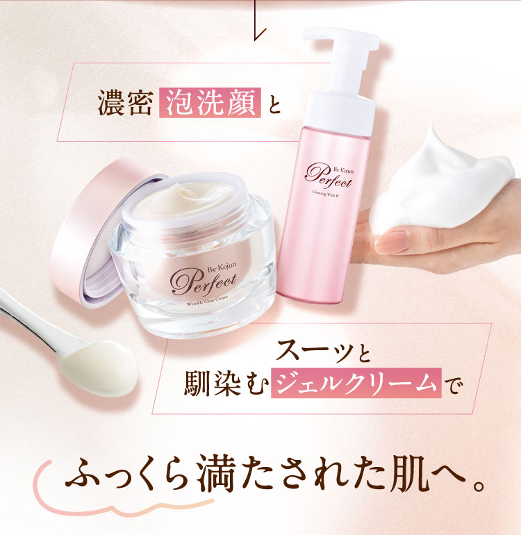 濃密泡洗顔とスーッと馴染むジェルクリームでふっくら満たされた肌へ。