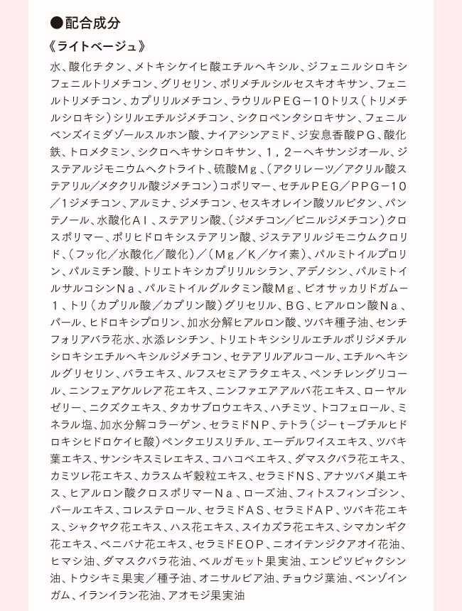 ●配合成分 《ライトベージュ》水、酸化チタン、メトキシケイヒ酸エチルヘキシル、ジフェニルシロキシフェニルトリメチコン、グリセリン、ポリメチルシルセスキオキサン、フェニルトリメチコン、カプリリルメチコン、ラウリルＰＥＧ−１０トリス（トリメチルシロキシ）シリルエチルジメチコン、シクロペンタシロキサン、フェニルベンズイミダゾールスルホン酸、ナイアシンアミド、ジ安息香酸ＰＧ、酸化鉄、トロメタミン、シクロヘキサシロキサン、１，２−ヘキサンジオール、ジステアルジモニウムヘクトライト、硫酸Ｍｇ、（アクリレーツ／アクリル酸ステアリル／メタクリル酸ジメチコン）コポリマー、セチルＰＥＧ／ＰＰＧ−１０／１ジメチコン、アルミナ、ジメチコン、セスキオレイン酸ソルビタン、パンテノール、水酸化Ａｌ、ステアリン酸、（ジメチコン／ビニルジメチコン）クロスポリマー、ポリヒドロキシステアリン酸、ジステアリルジモニウムクロリド、（フッ化／水酸化／酸化）／（Ｍｇ／Ｋ／ケイ素）、パルミトイルプロリン、パルミチン酸、トリエトキシカプリリルシラン、アデノシン、パルミトイルサルコシンＮａ、パルミトイルグルタミン酸Ｍｇ、ビオサッカリドガム−１、トリ（カプリル酸／カプリン酸）グリセリル、ＢＧ、ヒアルロン酸Ｎａ、パール、ヒドロキシプロリン、加水分解ヒアルロン酸、ツバキ種子油、センチフォリアバラ花水、水添レシチン、トリエトキシシリルエチルポリジメチルシロキシエチルヘキシルジメチコン、セテアリルアルコール、エチルヘキシルグリセリン、バラエキス、ルフスセミアラタエキス、ペンチレングリコール、ニンフェアケルレア花エキス、ニンファエアアルバ花エキス、ローヤルゼリー、ニクズクエキス、タカサブロウエキス、ハチミツ、トコフェロール、ミネラル塩、加水分解コラーゲン、セラミドＮＰ、テトラ（ジ−ｔ−ブチルヒドロキシヒドロケイヒ酸）ペンタエリスリチル、エーデルワイスエキス、ツバキ葉エキス、サンシキスミレエキス、コハコベエキス、ダマスクバラ花エキス、カミツレ花エキス、カラスムギ穀粒エキス、セラミドＮＳ、アナツバメ巣エキス、ヒアルロン酸クロスポリマーＮａ、ローズ油、フィトスフィンゴシン、パールエキス、コレステロール、セラミドＡＳ、セラミドＡＰ、ツバキ花エキス、シャクヤク花エキス、ハス花エキス、スイカズラ花エキス、シマカンギク花エキス、ベニバナ花エキス、セラミドＥＯＰ、ニオイテンジクアオイ花油、ヒマシ油、ダマスクバラ花油、ベルガモット果実油、エンピツビャクシン油、トウシキミ果実／種子油、オニサルビア油、チョウジ葉油、ベンゾインガム、イランイラン花油、アオモジ果実油