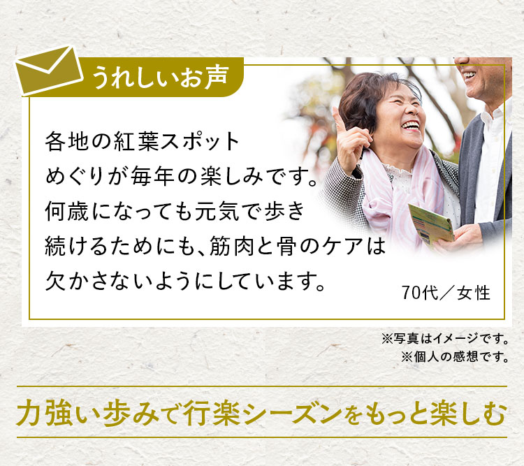 うれしいお声各地の紅葉スポットめぐりが毎年の楽しみです。何歳になっても元気で歩き続けるためにも、筋肉と骨のケアは欠かさないようにしています。70代／女性 力強い歩みで行楽シーズンをもっと楽しむ