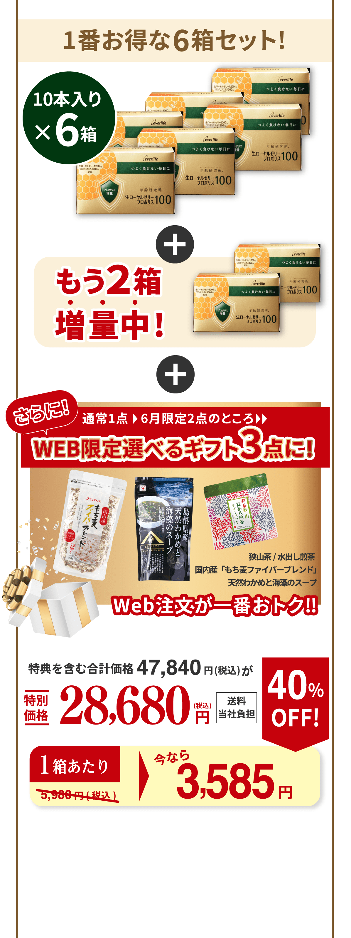 1番お得な6箱セット! 10本入り×6箱 もう２箱増量中! さらに！通常1点、6月限定2点のところ、WEB限定選べるギフト3点に！（狭山茶/水出し煎茶、国内産「もち麦ファイバーブレンド」、天然わかめと海藻のスープ） Web注文が一番おトク‼︎ 特典を含む合計価格47,840円（税込）が特別価格28,680円（税込） 送料当社負担 1箱あたり今なら 3,585円 40％OFF！ （通常5,980円（税込））