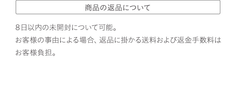商品の返品について：8日以内の未開封について可能。