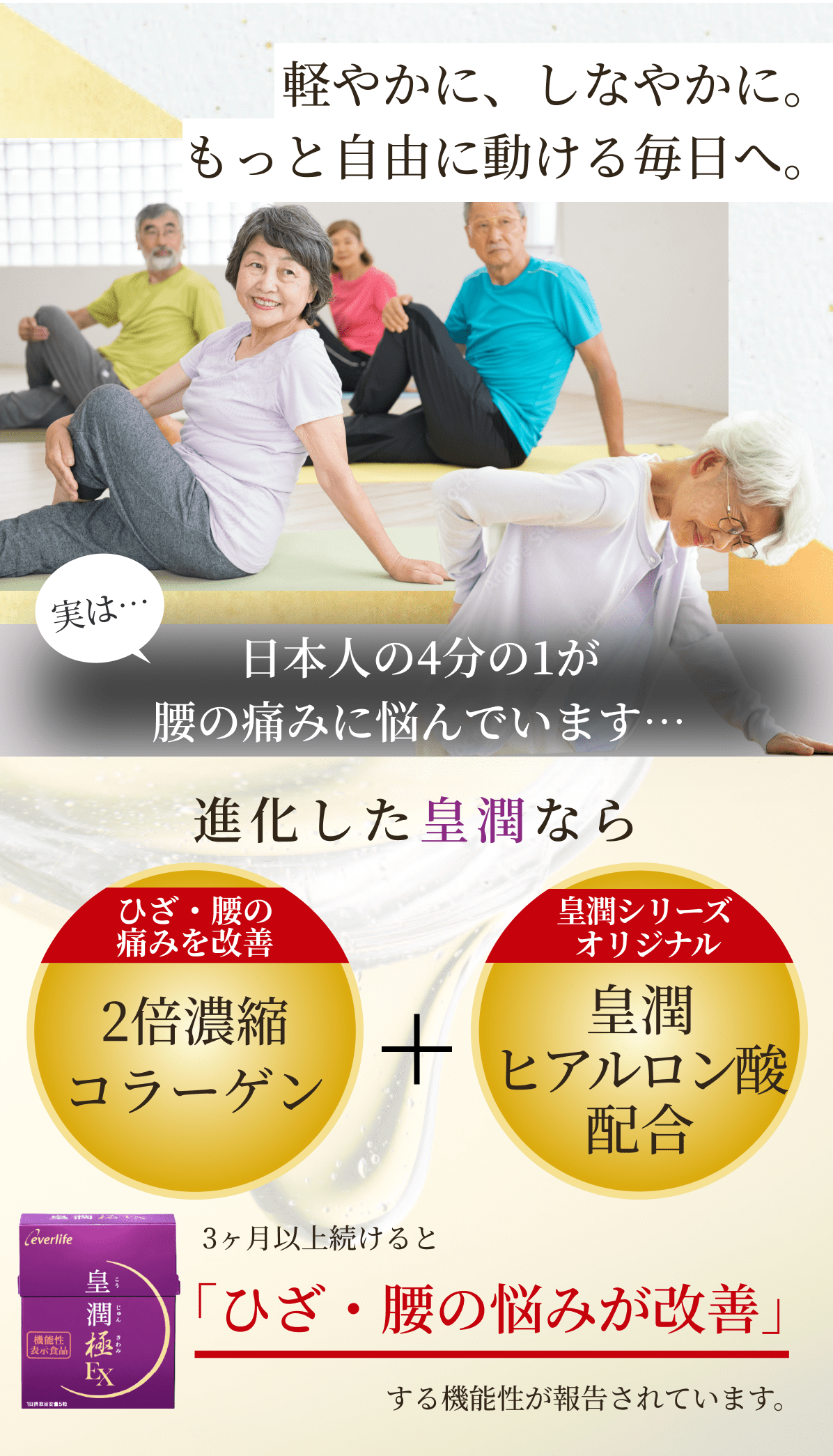 軽やかに、しなやかに。もっと自由に動ける毎日へ。 実は…日本人の4分の1が腰の痛みに悩んでいます… 進化した皇潤なら ひざ・腰の痛みを改善 2倍濃縮コラーゲン ＋ 皇潤シリーズオリジナル 皇潤ヒアルロン酸配合 3ヶ月以上続けると「ひざ・腰の悩みが改善」する機能性が報告されています。
