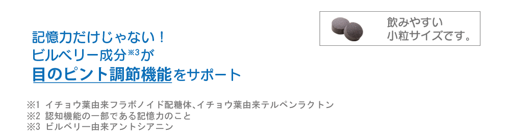 記憶力だけじゃない！ビルベリー成分が目のピント調節機能をサポート。飲みやすい小粒サイズです。TVCM放送中