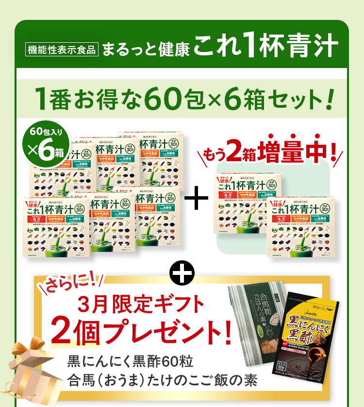 機能性表示食品まるっと健康これ1杯青汁 1番お得な60包×6箱セット！ 60包入りx6箱+もう2箱増量中！+さらに3月限定ギフト 2個プレゼント！ 黒にんにく黒酢60粒合馬（おうま）たけのこご飯の素