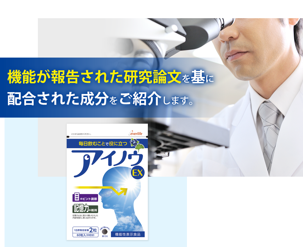 機能が報告された研究論文を基に配合された成分をご紹介します。