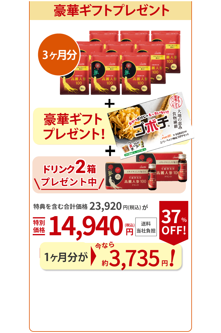 いつもより90粒も増量！ 30粒入り ×9点 90粒増量中！ ドリンク2箱プレゼント中 特典を含む合計価格23,920円（税込）が特別価格14,940円（税込） 送料当社負担 1点あたり今なら 約3,735円！ 37％OFF！ （通常5,980円（税込））
