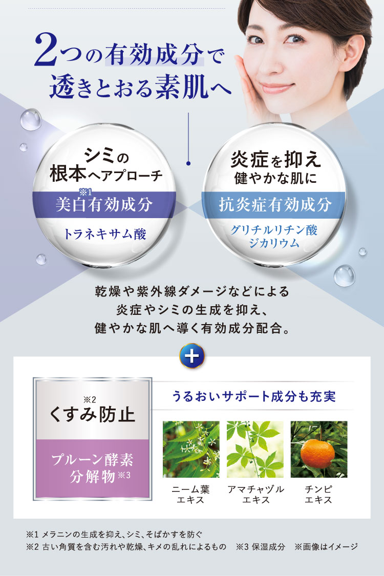 2つの有効成分で透きとおる素肌へ「シミの根本へアプローチ 美白有効成分 トラネキサム酸」「炎症を抑え健やかな肌に 抗炎症有効成分 グリチルリチン酸ジカリウム」