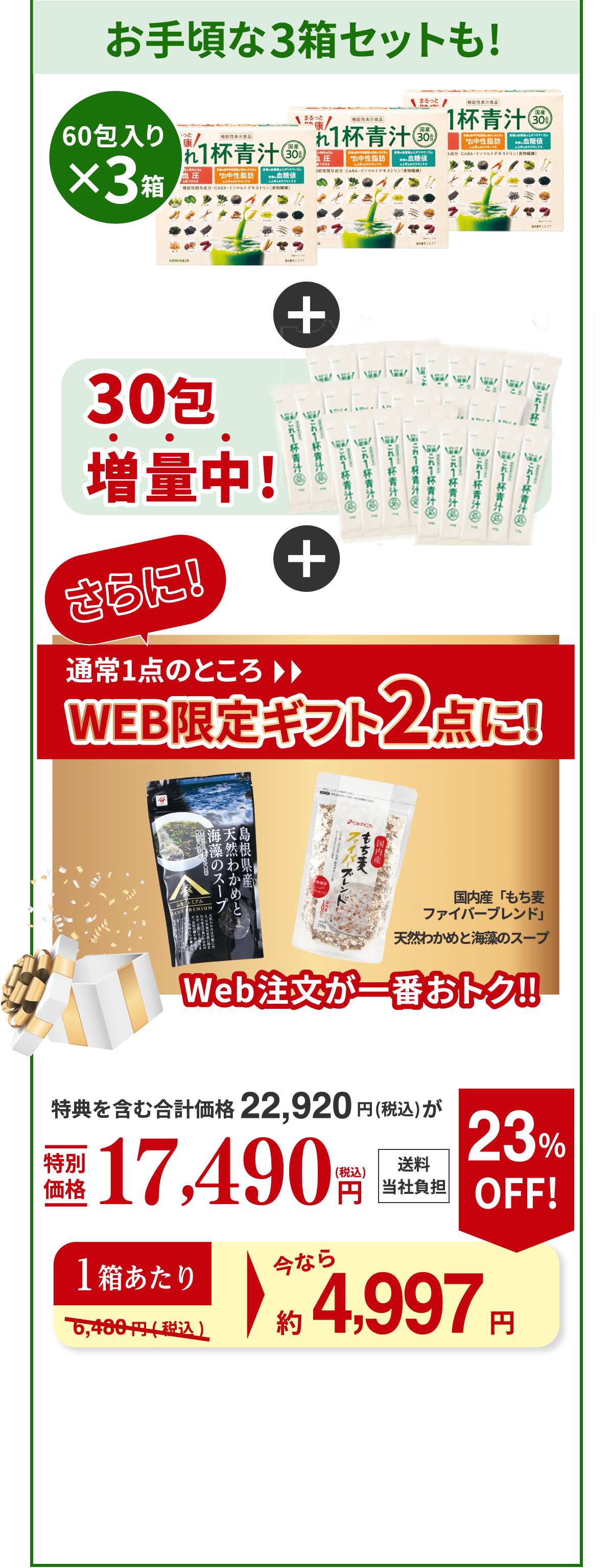 お手頃な3箱セットも！ 60包入り×3箱 30包増量中！ さらに！ 通常1点のところWEB限定ギフト2点に！（国内産「もち麦ファイバーブレンド」、天然わかめと海藻のスープ） 特典を含む合計価格 22,920円（税込）が特別価格17,490円（税込） 送料当社負担 1箱あたり今なら 約4,997円 23％OFF！（通常6,480円（税込））