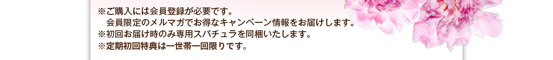 ※ご購入には会員登録が必要です。会員限定のメルマガでお得なキャンペーン情報をお届けします。　※初回お届け時のみ自立型スパチュラを同梱いたします。