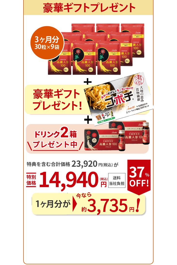 いつもより90粒も増量！ 30粒入り ×9点 90粒増量中！ ドリンク2箱プレゼント中 特典を含む合計価格23,920円（税込）が特別価格14,940円（税込） 送料当社負担 1点あたり今なら 約3,735円！ 37％OFF！ （通常5,980円（税込））