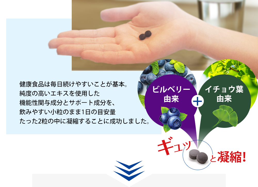ビルベリー由来＋イチョウ葉由来をギュッと凝縮！健康食品は毎日続けやすいことが基本。純度の高いエキスを使用した機能性関与成分とサポート成分を、飲みやすい小粒のまま1日の目安量たった2粒の中に凝縮することに成功しました。