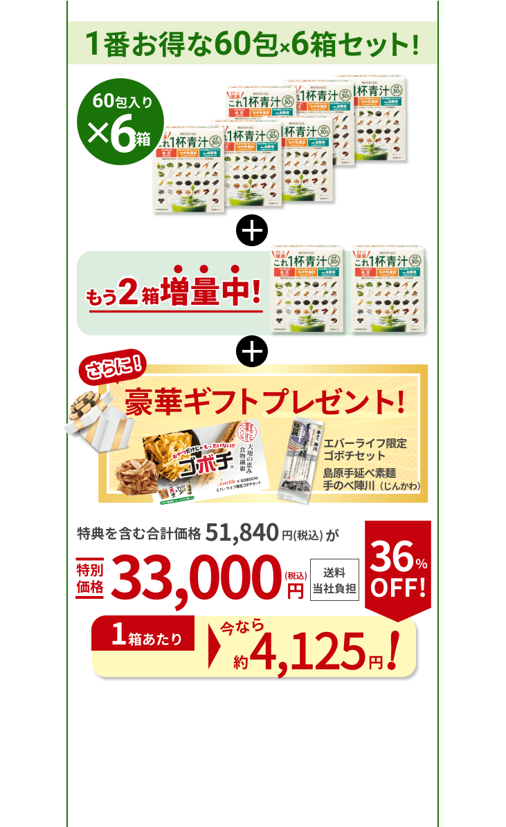 1番お得な60包×6箱セット！ 60包入り ×6箱 もう2箱増量中！ さらに！ギフト2個プレゼント！ エバーライフ限定 ゴボチセット 島原手延べ素麺手のべ陣川（じんかわ） 特典を含む合計価格51,840円（税込）が特別価格33,000円（税込） 送料当社負担 1箱あたり今なら 約4,125円！ 36％OFF！（通常6,480円（税込））