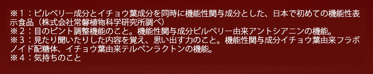 ※1:株式会社常盤植物化学研究所調べ ※2：機能性関与成分ビルベリー由来アントシアニンの機能 ※3：機能性関与成分イチョウ葉由来フラボノイド配糖体、イチョウ葉由来テルペンラクトンの機能 ※4:気持ちのこと