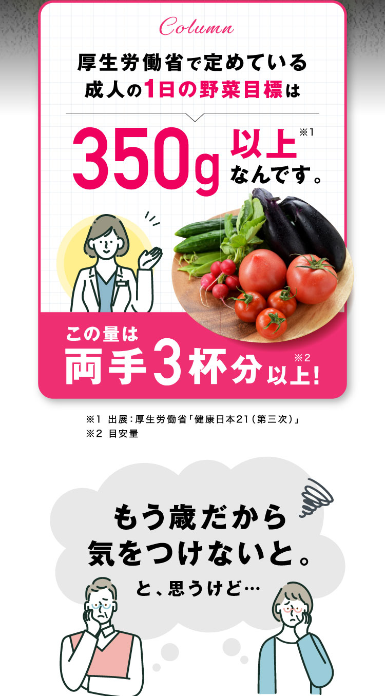 厚生労働省が定めている成人の1日の野菜目標は350g以上なんです。この量は両手3杯分以上!もう歳だから気をつけないと。と、思うけど…