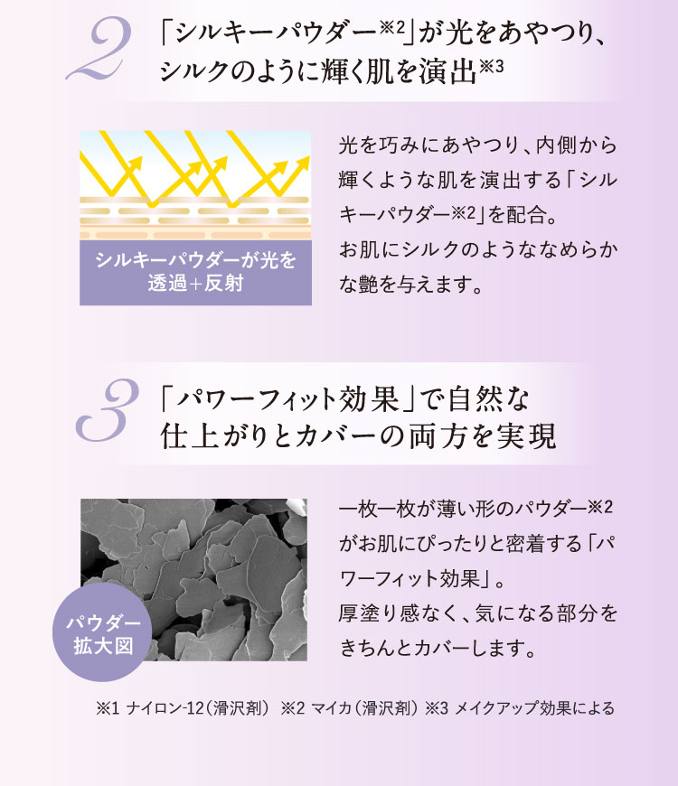 2.｢シルキーパウダー｣が光をあやつり、シルクのように輝く肌を演出 3.「パワーフィット効果」で自然な仕上がりとカバーの両方を実現