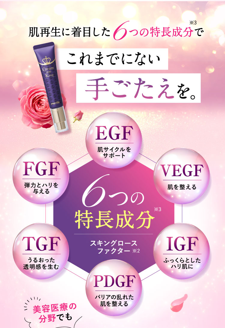 肌再生に着目した6つの特長成分でこれまでにない手ごたえを。6つの特長成分「EGF」「FGF」「VEGF」「TGF」「IGF」「PDGF」
