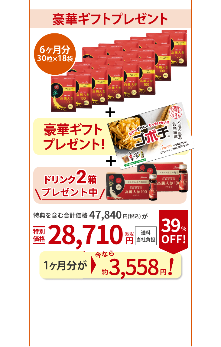 いつもより180粒も増量！ 30粒入り ×18点 90粒増量中！ ドリンク2箱プレゼント中 特典を含む合計価格47,840円（税込）が特別価格28,710円（税込） 送料当社負担 1点あたり今なら 約3,558円！ 39％OFF！ （通常5,980円（税込））