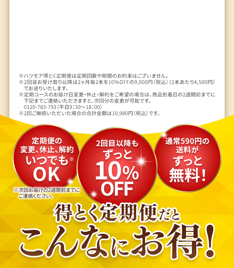 定期便の変更、休止、解約いつでもOK　2回目以降もずっと10％OFF　通常590円の送料がずっと無料！　得とく定期便だとこんなにお得！